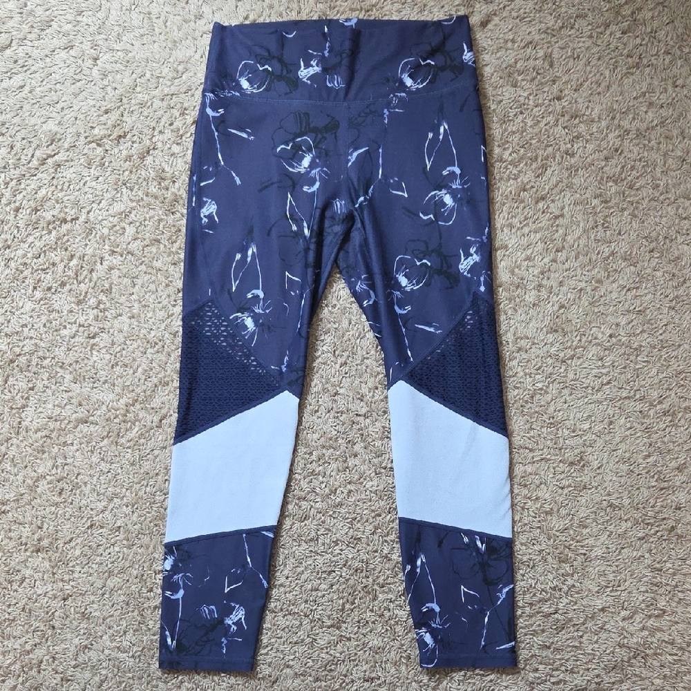 Fabletics Navy and White Leggings, Size Medium with Sheer Side Sections